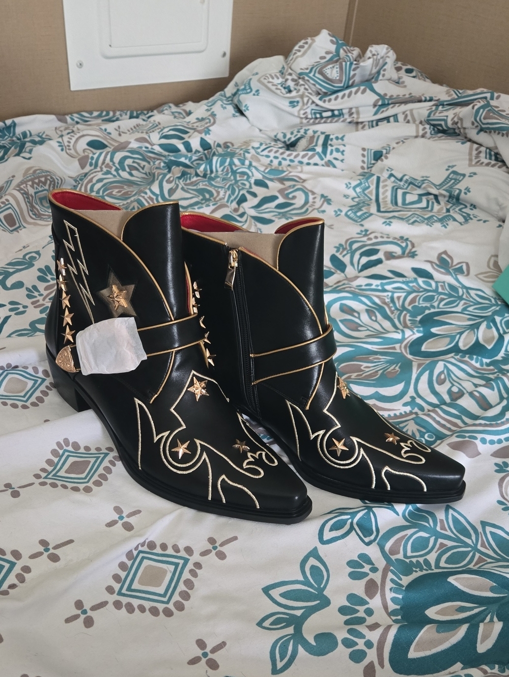 Women's Black Western Ankle Boots with Gold Embroidery